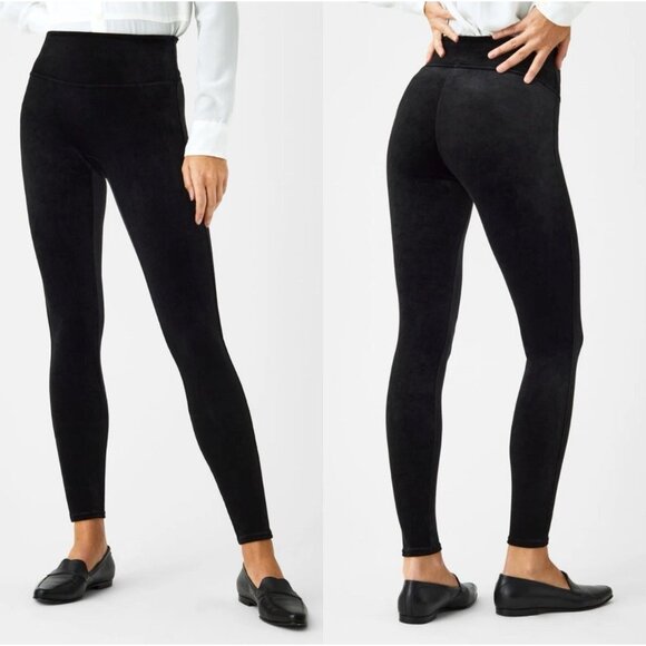 SPANX Black Velvet Velour Leggings High Waisted Tummy Control 1X Neutral Minimal - Picture 1 of 8